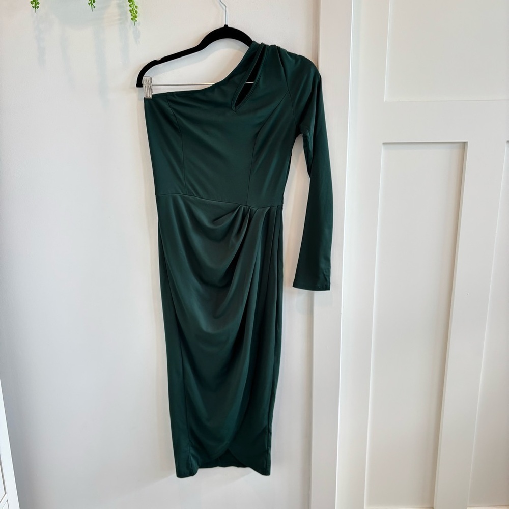 AZ Occasions One Shoulder Long Sleeve Dark Green Body Con Midi Dress Size S NWOT